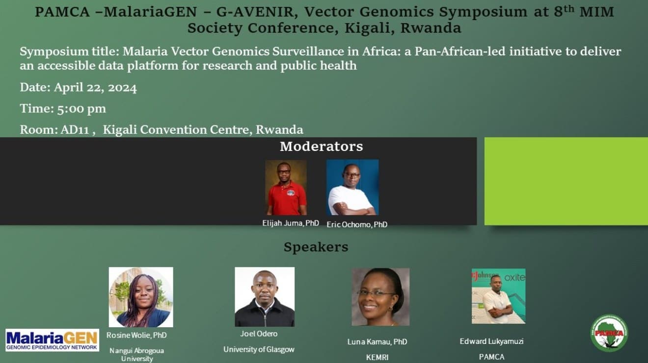 PAMCA announcement of the vector genomics symposium, listing the moderators and the four speakers, including Rosine Z. Wolie